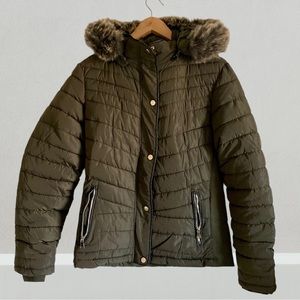 DARK OLIVE GREEN PUFFER COAT REMOVABLE FAUX FUR HOOD